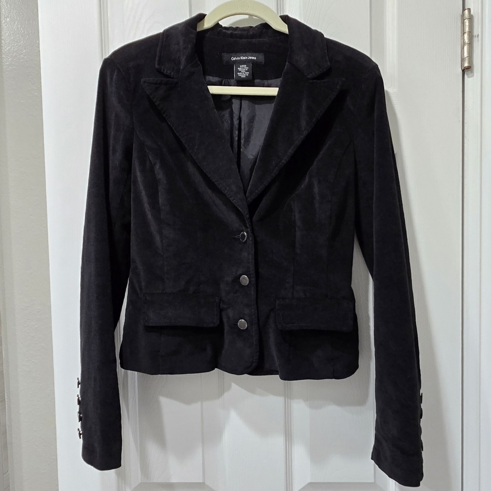 Calvin Klein Jeans Womens Black Lined Corduroy 3 Button Blazer Size Small